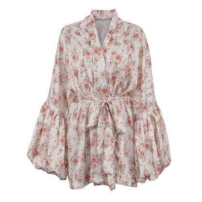 Women Clothing Digital Printing Loose Casual Dress Puff Sleeve Lace up High Grade Satin A line Dress