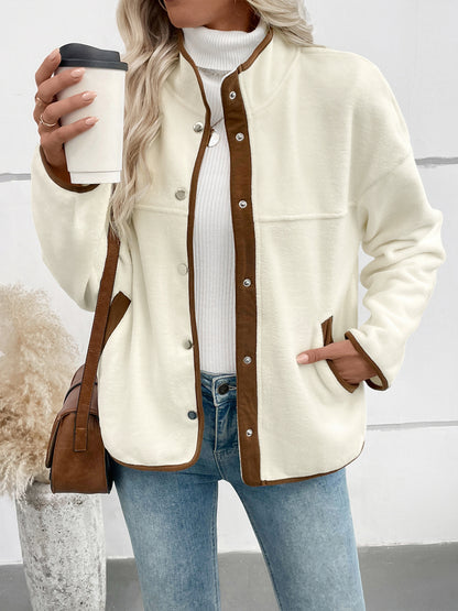 Contrast Color Polar Fleece Cardigan Autumn Winter Women Fleece Short Stand up Collar Casual Jacket