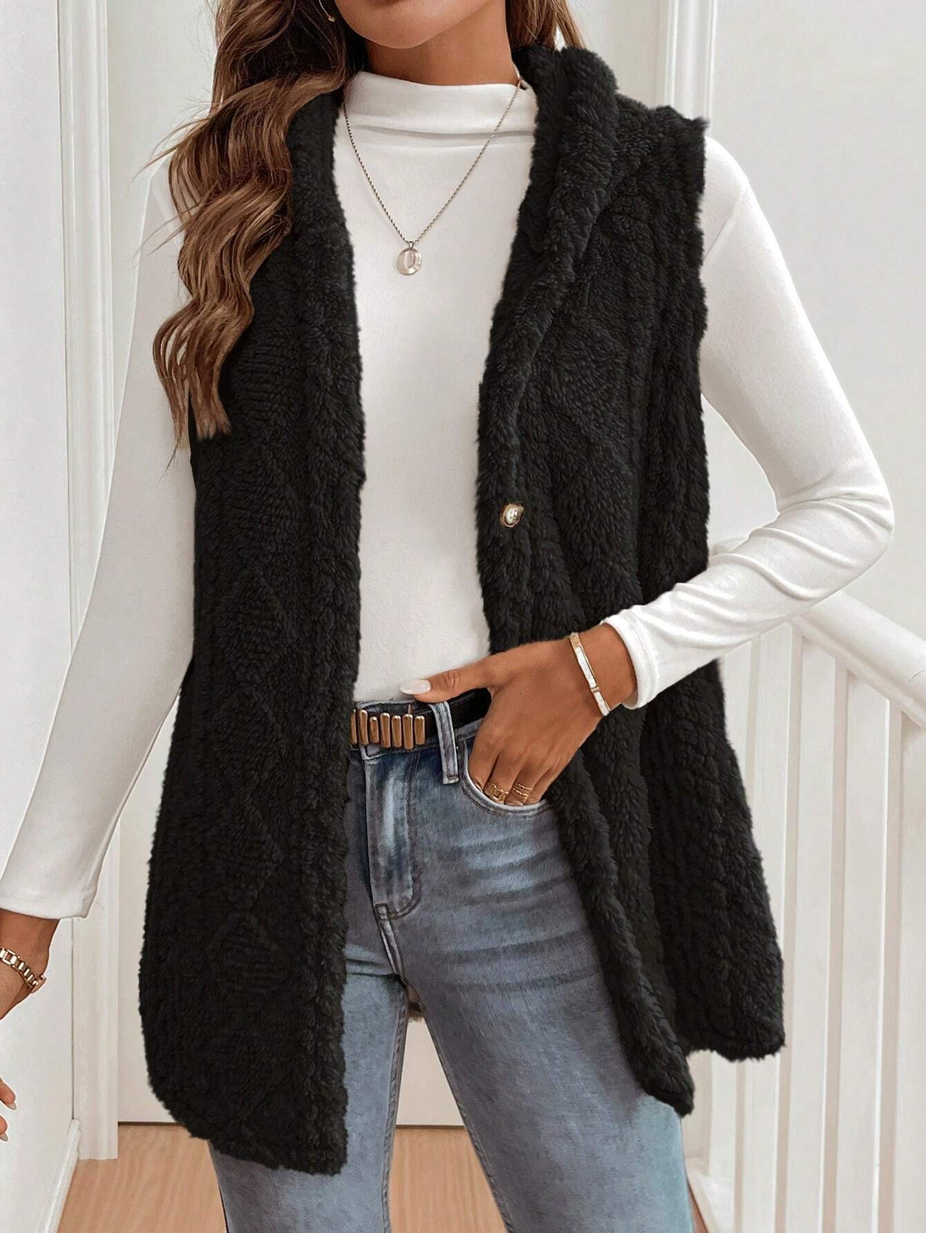 Autumn Winter Women Double Sided Plush Casual Hooded Cardigan Vest