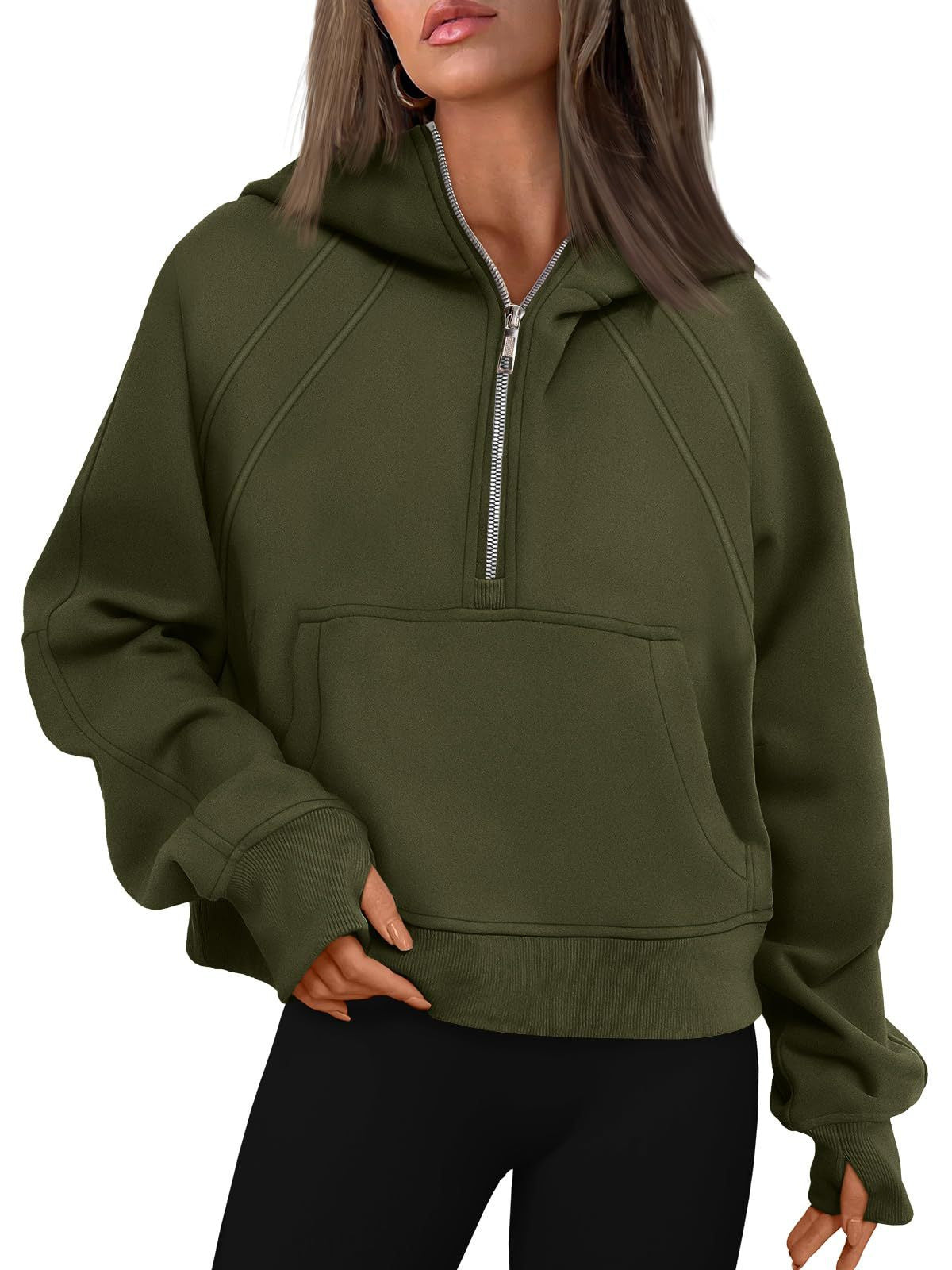 Half Zipper Pullover Hooded Sweatshirt Fleece Short Chic Scuba Sweater for Women