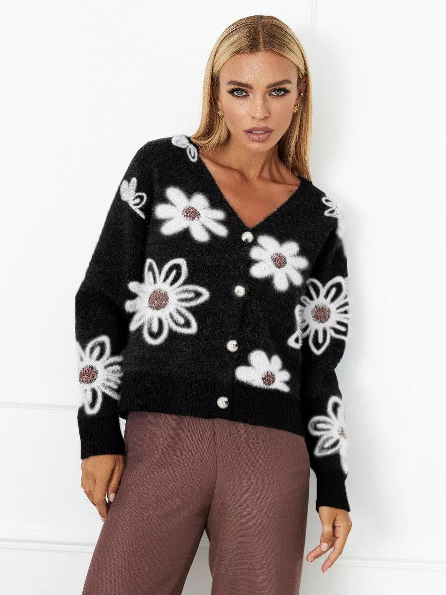 Short Floral Knitted Cardigan Autumn V neck Mink Velvet Brocade Sweater Women