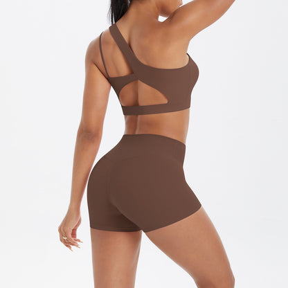 Oblique One Shoulder Beauty Back Yoga Bra Nude Feel Sports Bra Strap Running Workout Vest Shorts Set Women