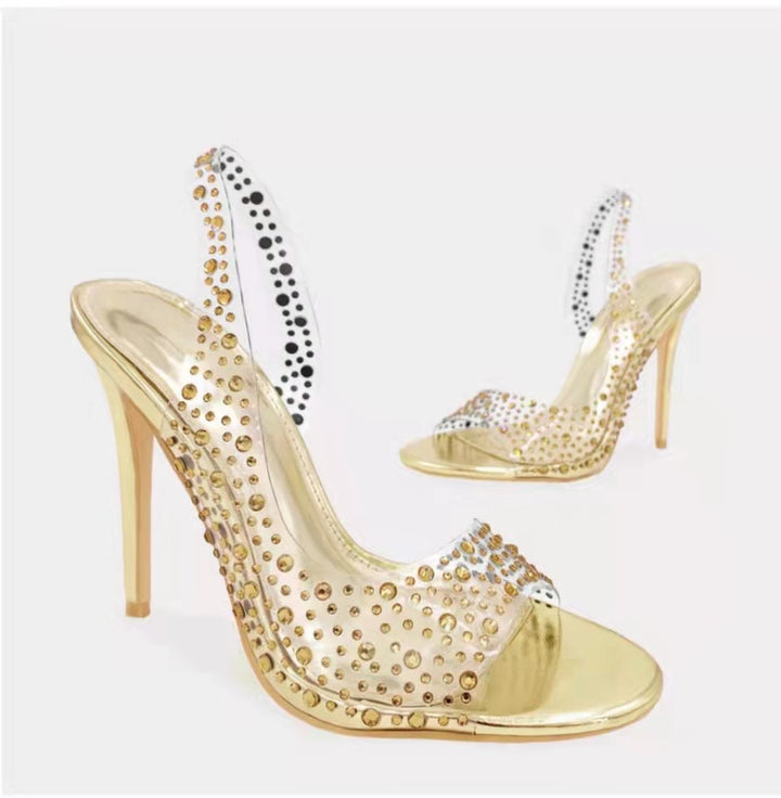 Rhinestone High Heeled Open Toe Sandals Women Pointed Toe Mixed with Crystal Fish Mouth Shoes - GLAMWEARS