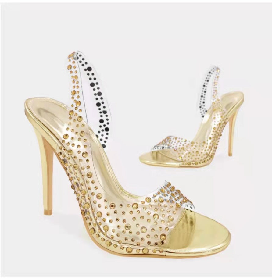 Rhinestone High Heeled Open Toe Sandals Women Pointed Toe Mixed with Crystal Fish Mouth Shoes