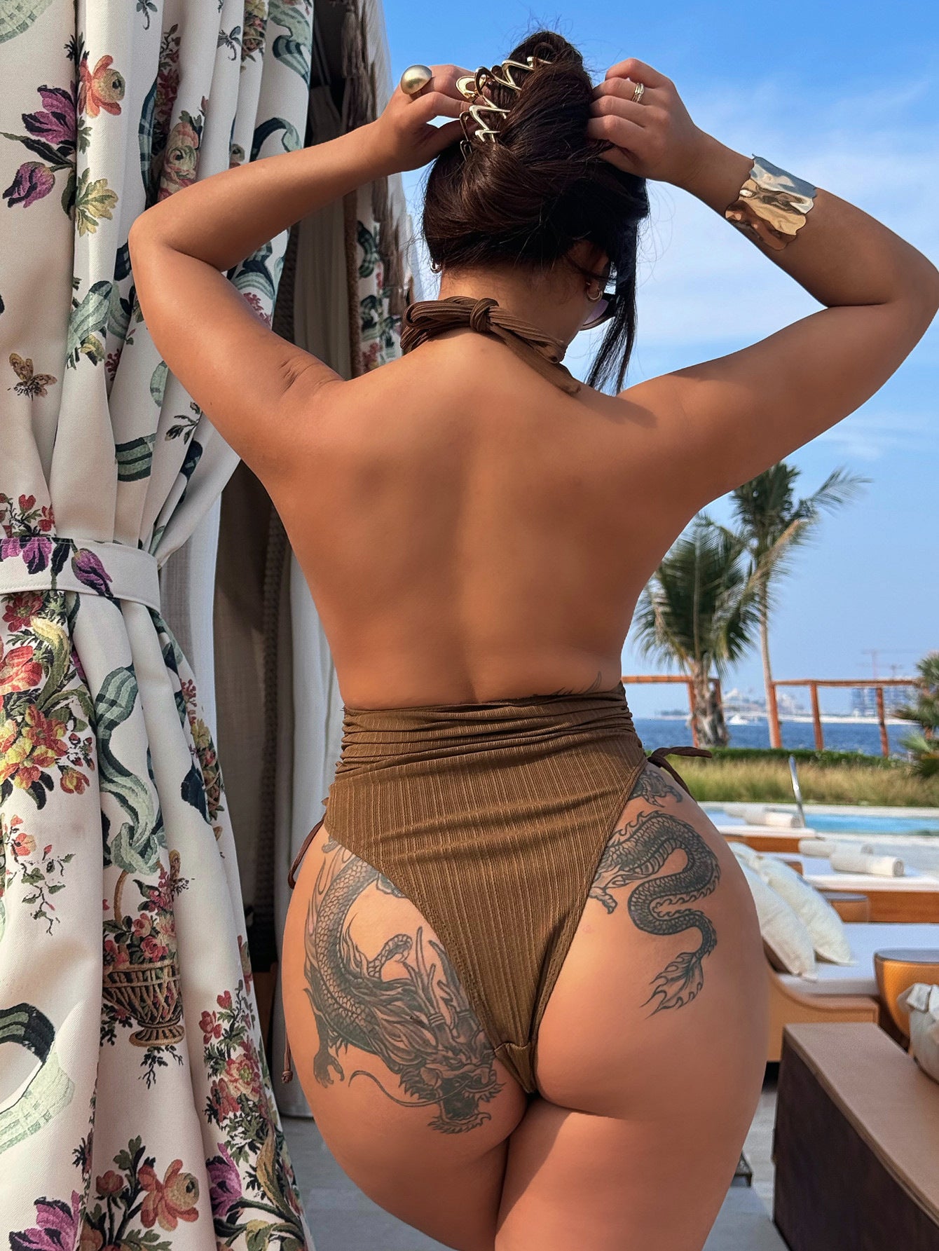 Bikini Deep V Plunge neck Hollow Out Cutout out Pleated One Piece Swimsuit