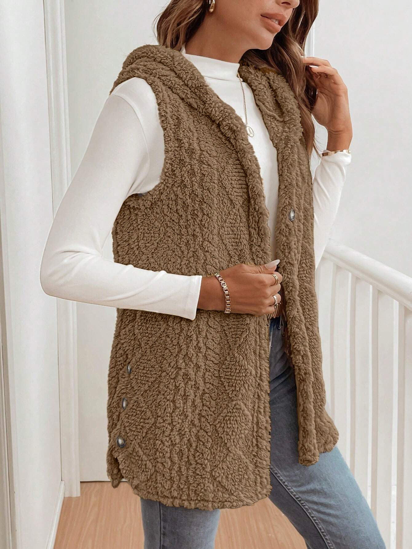 Autumn Winter Women Double Sided Plush Casual Hooded Cardigan Vest