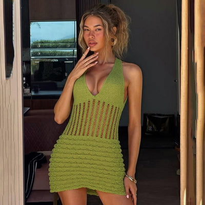 Women Clothing Summer Sexy V neck Halter Hollow Out Cutout Slim Fit Backless Knitted Dress