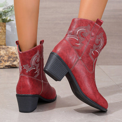 Pointed Embroidered Solid Color Chunky Heel Leather Boots Women Short Solid Color Slip on Knight Martin Boots