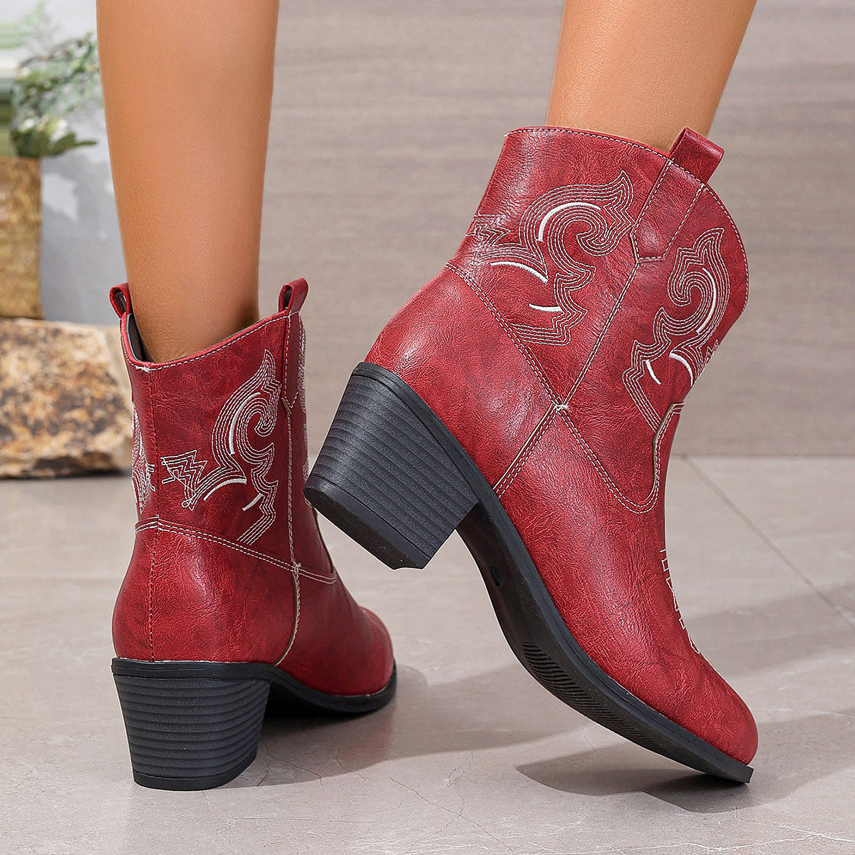 Pointed Embroidered Solid Color Chunky Heel Leather Boots Women Short Solid Color Slip on Knight Martin Boots