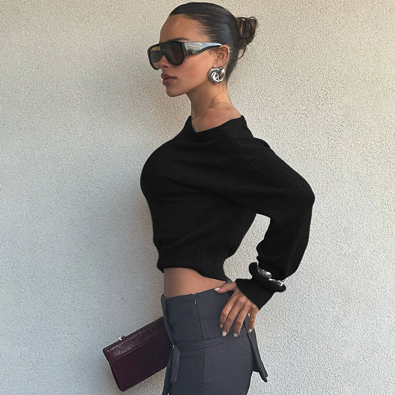 Women Clothing Summer Simple Elegant Slim Fit Sexy Cropped Diagonal Collar Long Sleeve Top