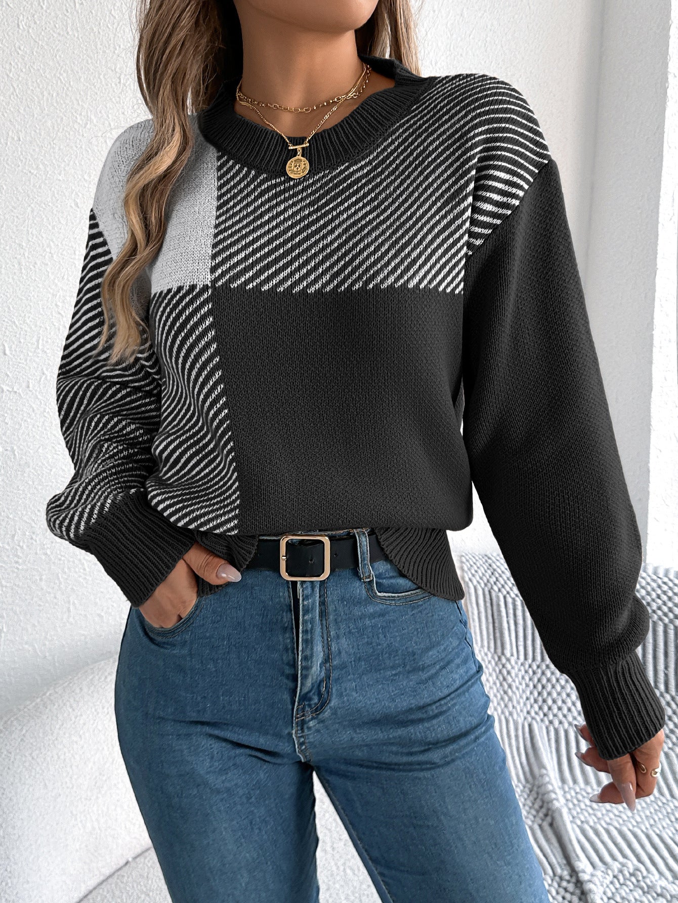 Autumn Winter Casual Color Contrast Check Long Sleeve Pullover Women Clothing
