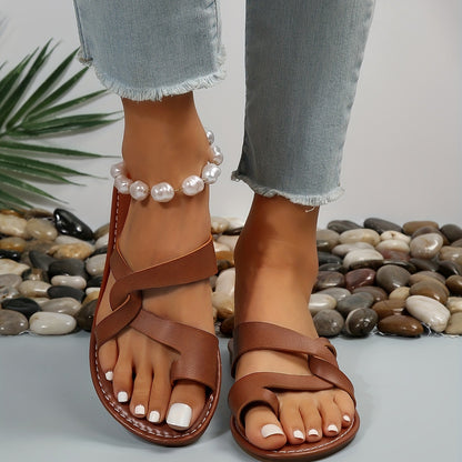 Retro Flat Bottom Toe Ring Slippers Women Wear with Cross Beach Slippers