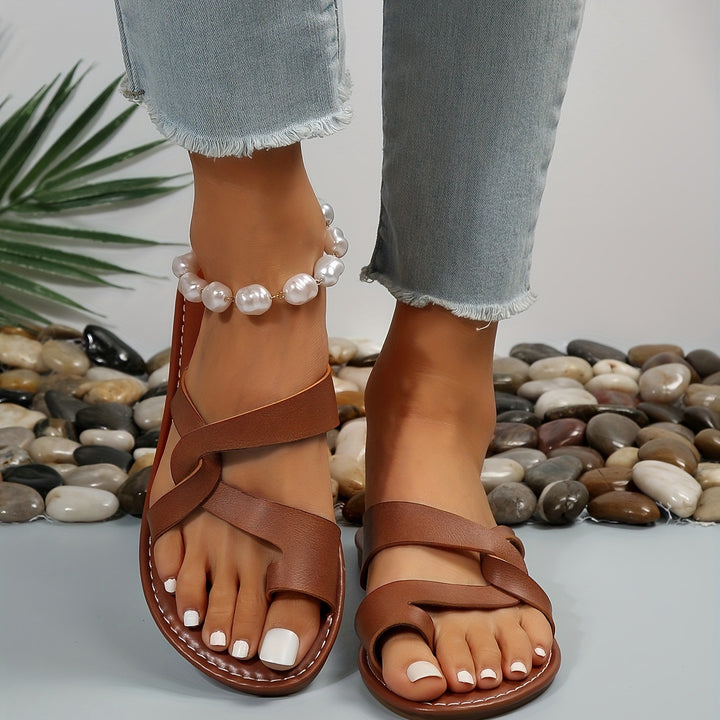 Retro Flat Bottom Toe Ring Slippers Women Wear with Cross Beach Slippers - GLAMWEARS