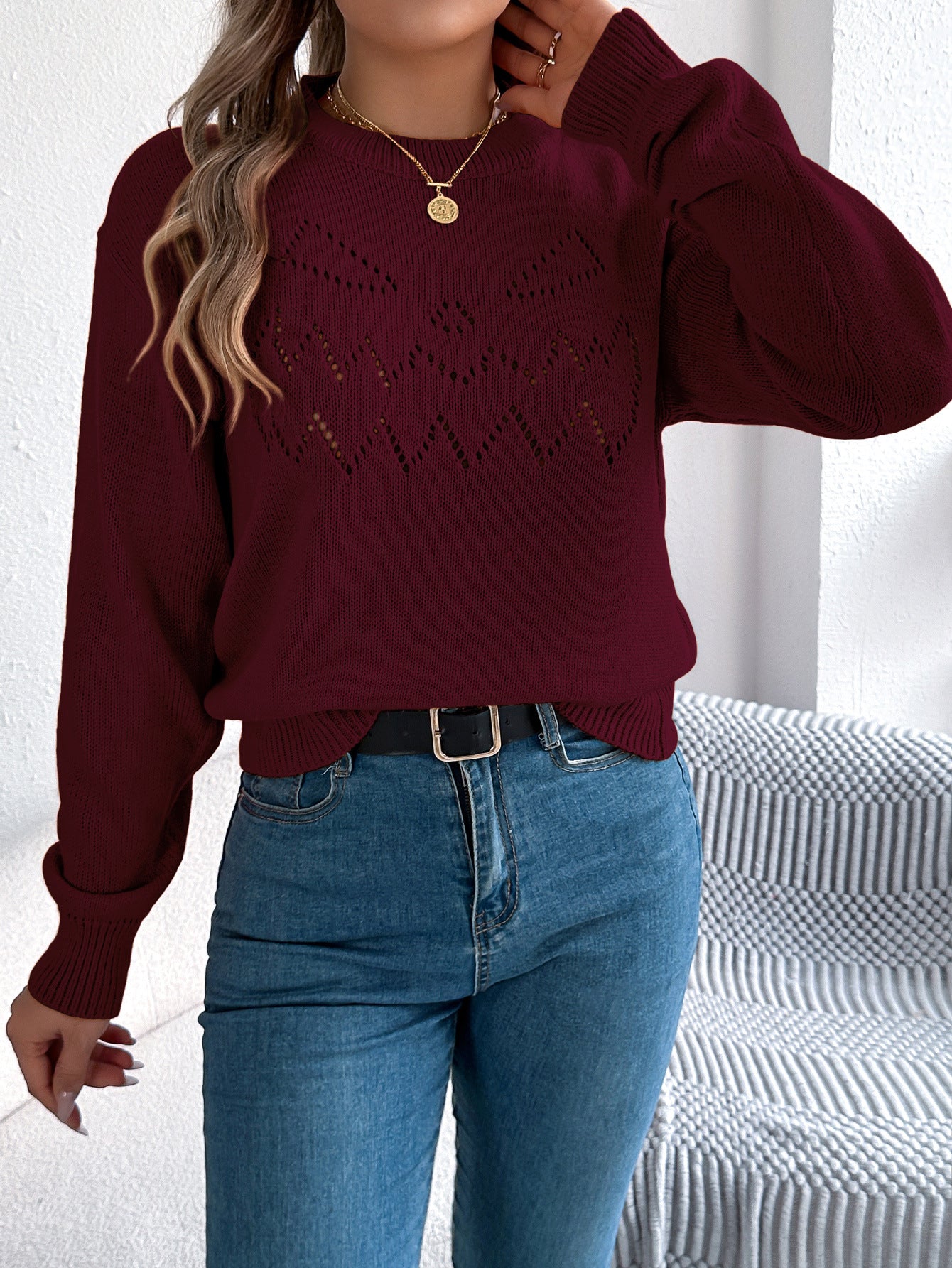 Solid Color Hollow Out Cutout out Lantern Long Sleeve Pullover Halloween Women Clothing