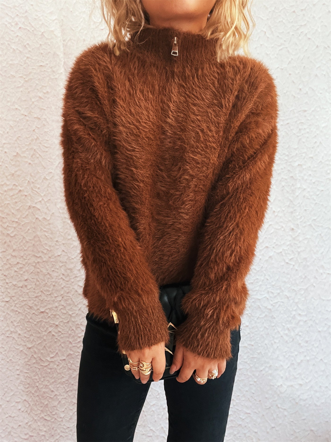 Solid Color Short Casual Polo Collar Half Zipper Knitted Top Commuting Women Sweater