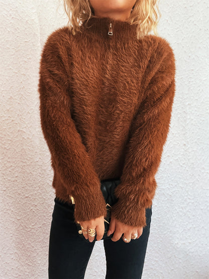 Solid Color Short Casual Polo Collar Half Zipper Knitted Top Commuting Women Sweater