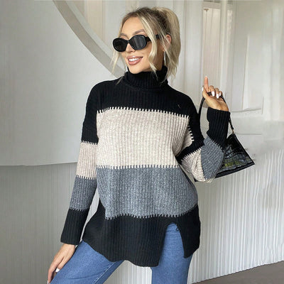 Women Knitted Turtleneck Patchwork Striped Slit Knitted Pullover Casual Sweater Autumn Winter