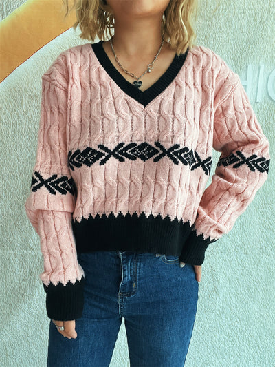 Jacquard Short Knit Top V neck Street Casual Sweater