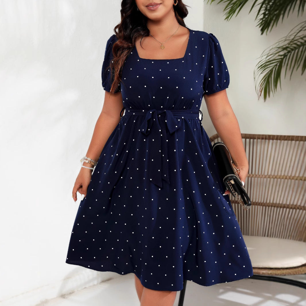 Plus Size Women Elegant Retro Dots Waist Controlled Lace up Square Collar Large Swing Dress