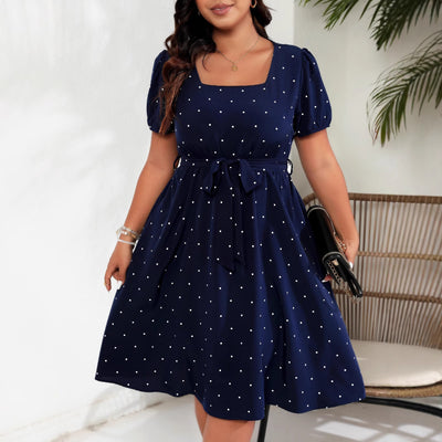 Plus Size Women Elegant Retro Dots Waist Controlled Lace up Square Collar Large Swing Dress