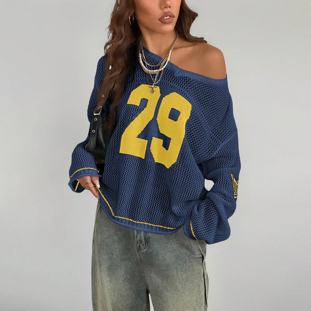 Casual Street Digital Printed V neck Long Sleeved Knitted Sweater