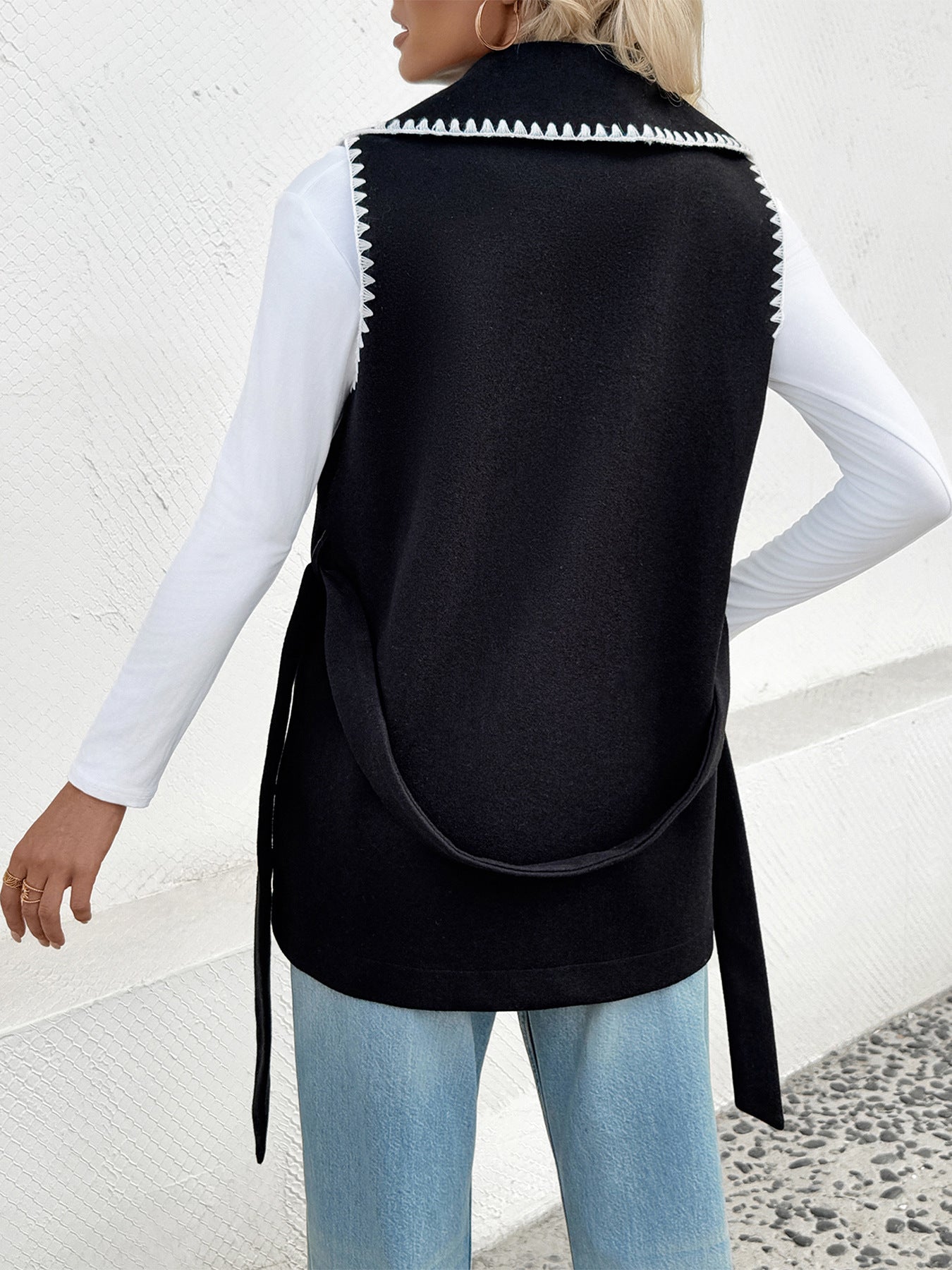Casual Simple Lace up Cardigan Collared Contrast Color Trim Vest Coat Women