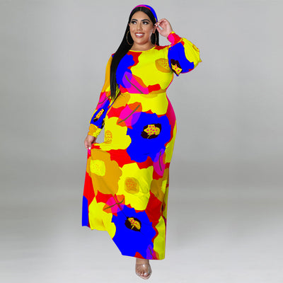 Plus Size Women Clothing Long Sleeve Dress Large Floral Printing Dress Long