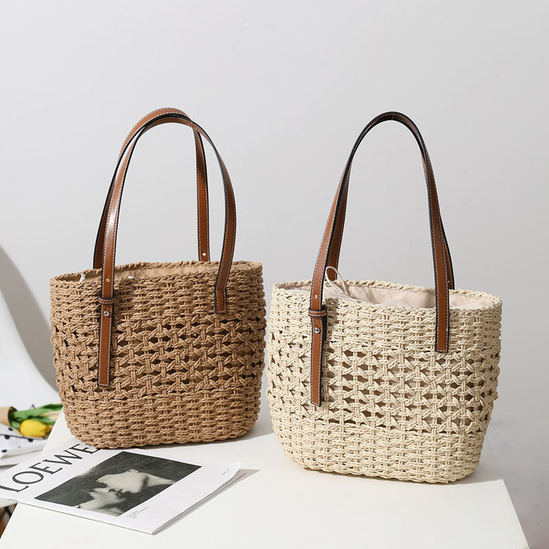 Straw Woven Bag Women Hollow Out Cutout Handmade Straw Bag Woven Bag Shoulder Portable Straw Weaved Bag Seaside Vacation Beach Bag - GLAMWEARS