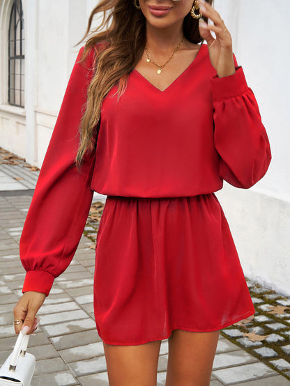 Autumn Winter Women Clothing Casual Solid Color Puff Sleeve Dress
