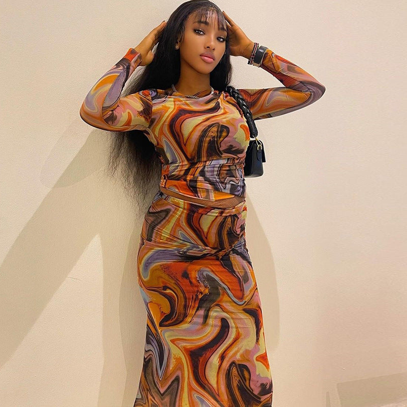 Print round Neck Long Sleeves Cropped Top Sheath Skirt Set Trendy Women