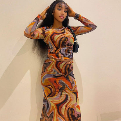 Print round Neck Long Sleeves Cropped Top Sheath Skirt Set Trendy Women