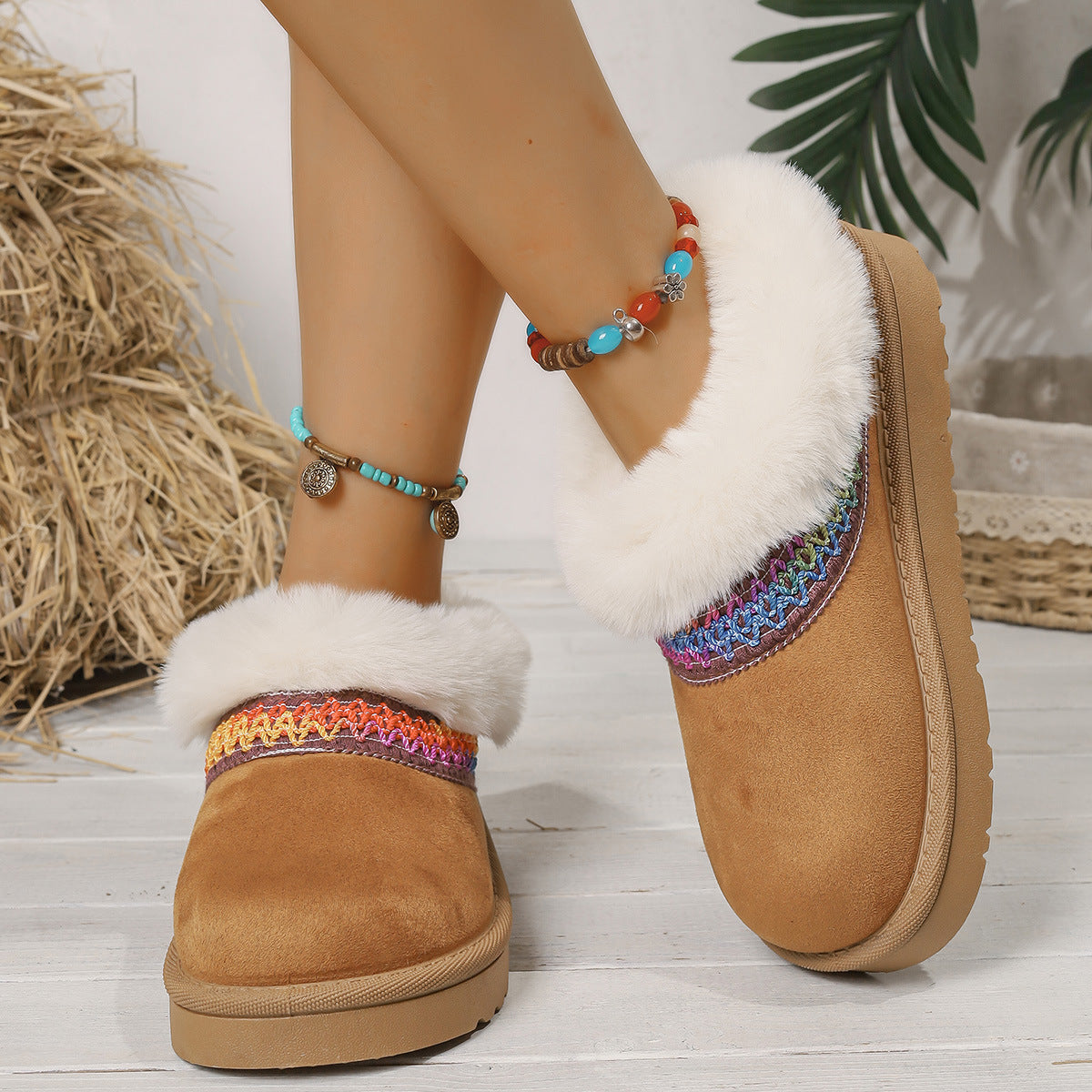 Winter Knitted Belt Wool Mouth Short Snow Boots Women Thick Bottom Thickened Fleece lined Platform Slip on Cotton Shoes