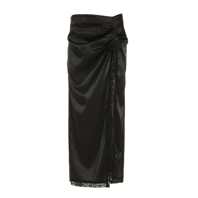 Women Wear Satin Lace Stitching Floral High Slit Skirt Sexy Summer Pleated