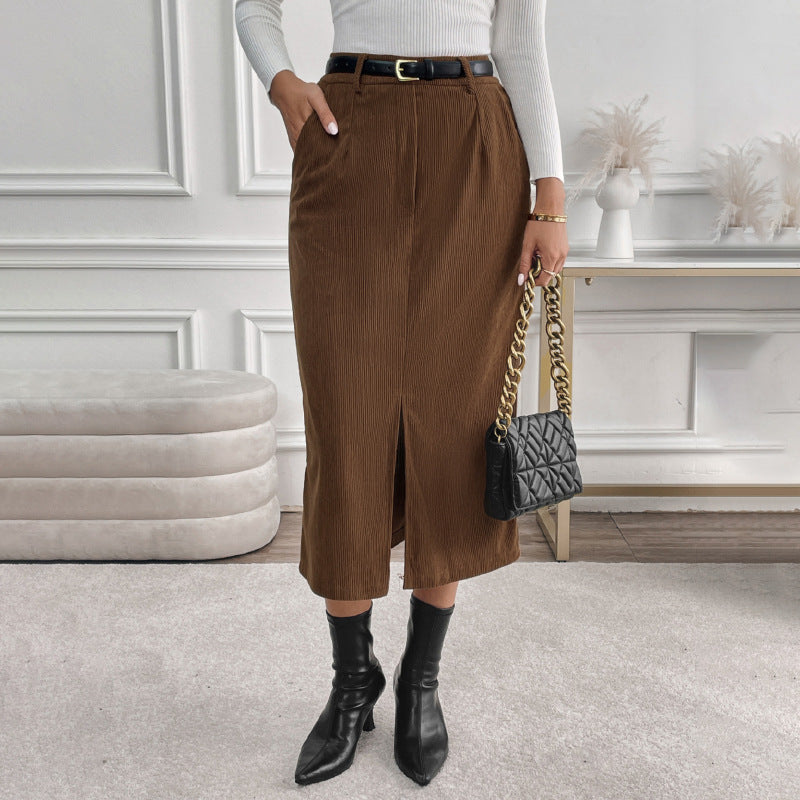 Retro Corduroy Skirt Autumn Winter Elegant Office Split Skirt Women