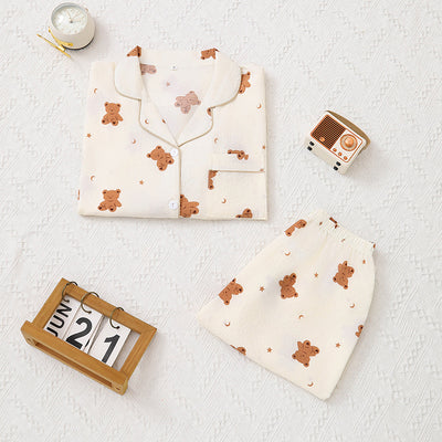Women Long Sleeved Trousers Spring Autumn Set Sweet Outer Wear Girl Cardigan Cartoon Bear Pattern Home Wear