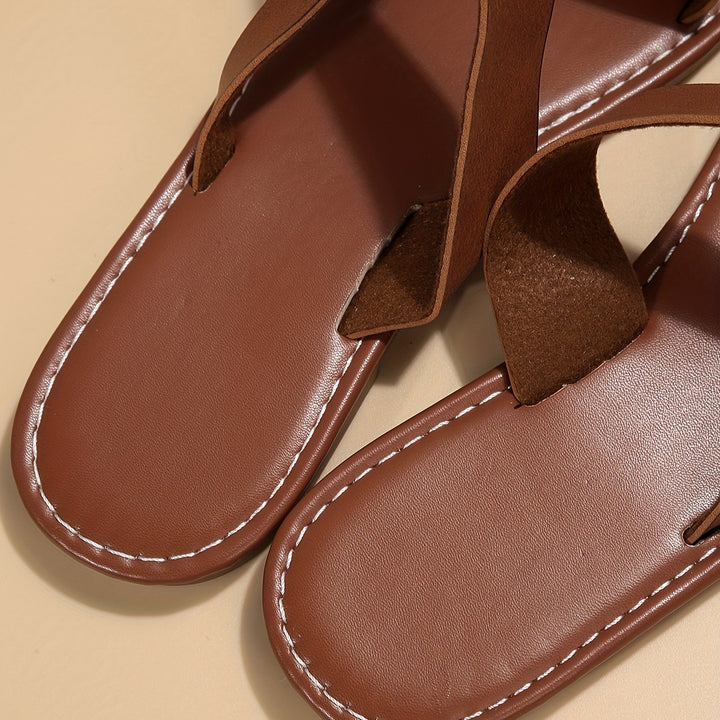 Retro Flat Bottom Toe Ring Slippers Women Wear with Cross Beach Slippers - GLAMWEARS