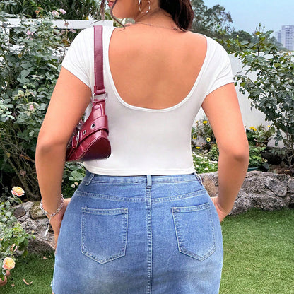Plus Size Women Clothing Summer Simple T shirt Backless Slim Top
