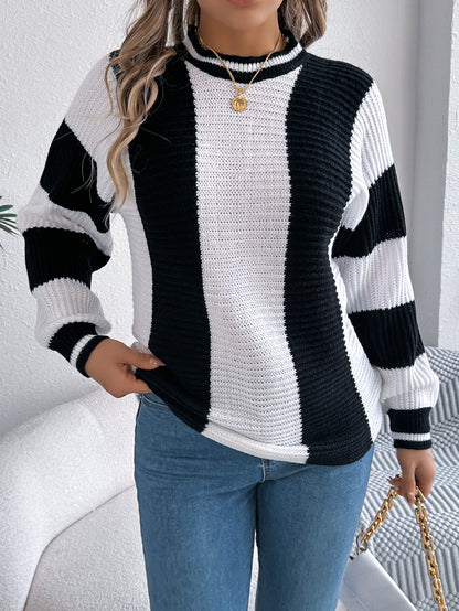 Autumn Winter Casual Contrast Color Striped Lantern Long Sleeve Pullover Women Clothing
