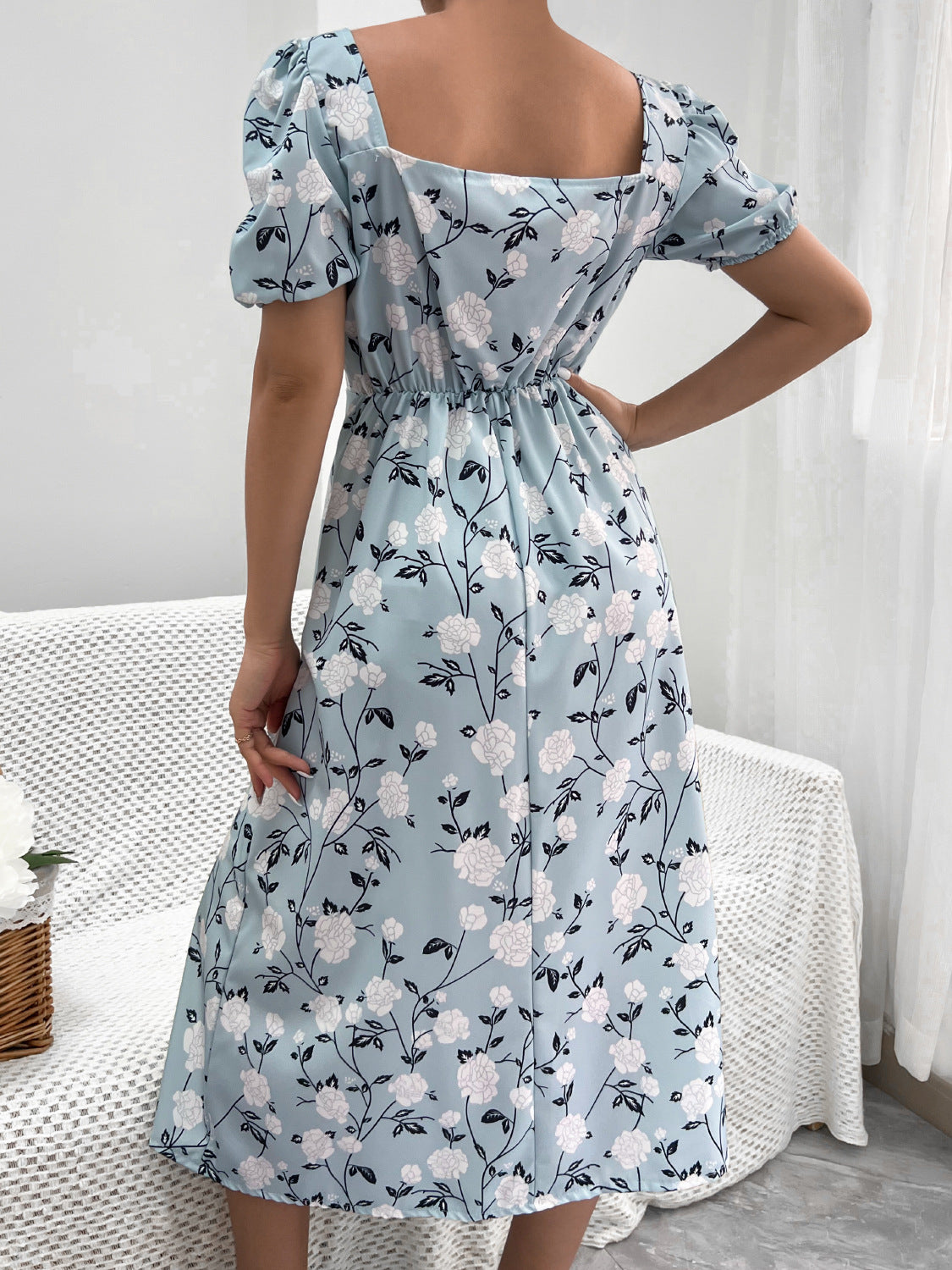 Women Clothing Puff Sleeve Floral Split Dress Vacation