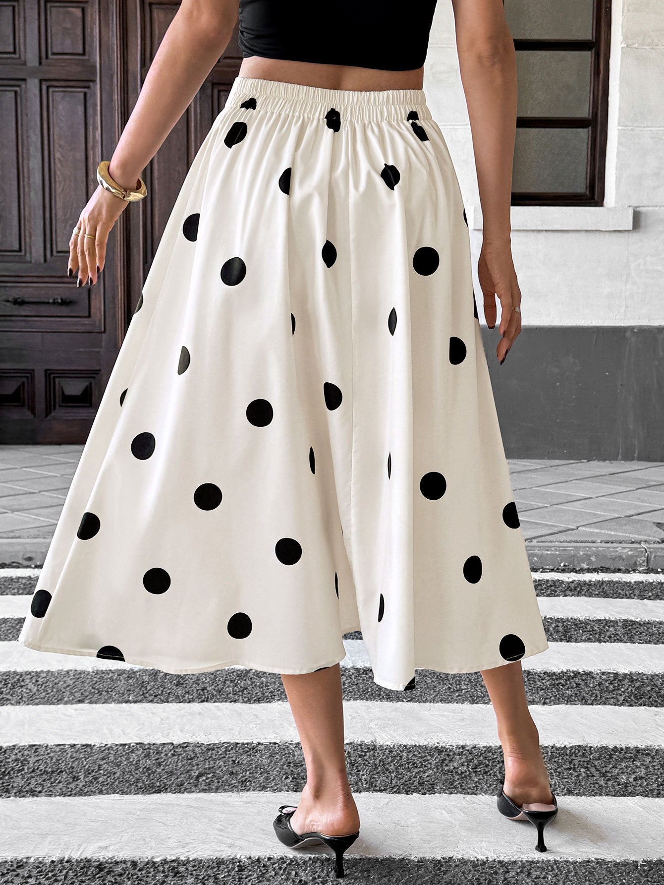 Summer Mid Length Umbrella Skirt Polka Dot Skirt Elastic Elegant Retro A line Skirt