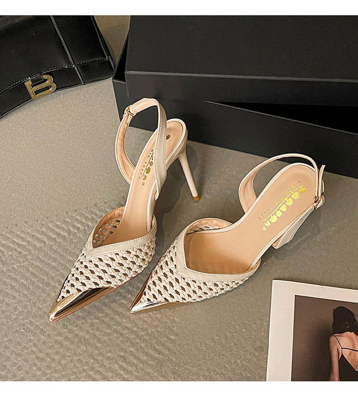 Hollowed out Woven Stiletto Sandals Women High Grade Metal Pointed Toe Strap High Heels - GLAMWEARS