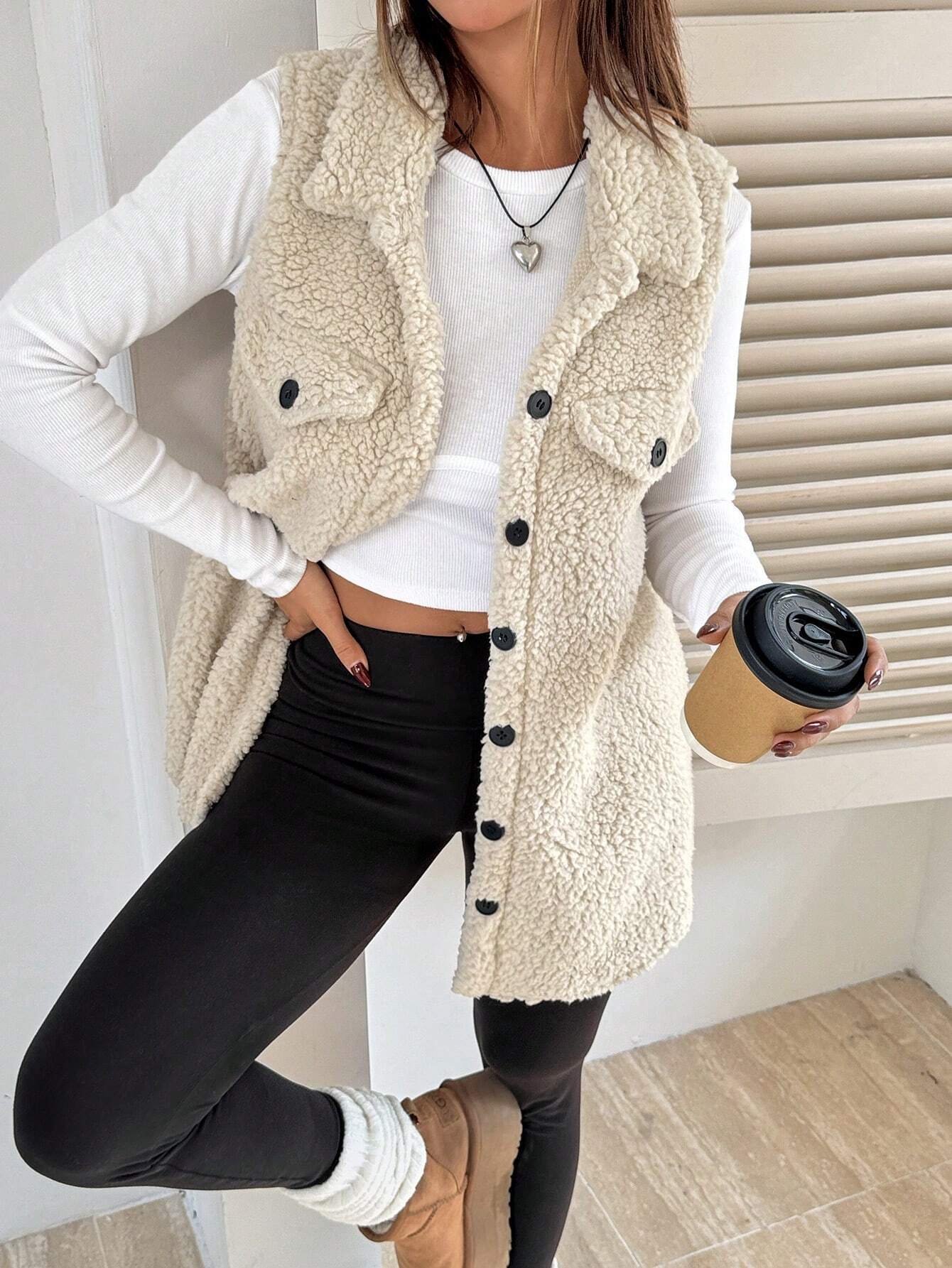 Fall Winter Lapels Open Buckle Plush Vest Cardigan Loose Office Faux Cashmere Women