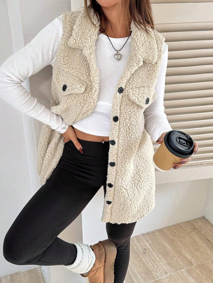 Fall Winter Lapels Open Buckle Plush Vest Cardigan Loose Office Faux Cashmere Women