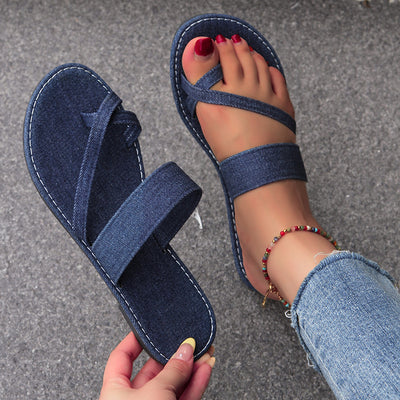 Flat Bottom Toe Ring Slippers Women Simple Knitted Belt Lightweight Beach Slippers Slippers