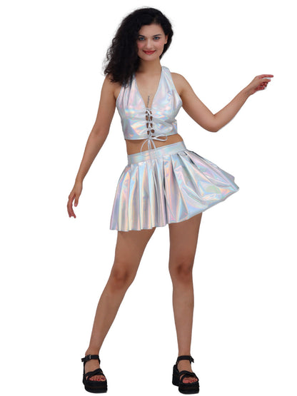 Women Dazzling Patent Leather Pleated Skirt Stage Nightclub High Waist Slimming A line Short Skirt Disco Dancing Costume