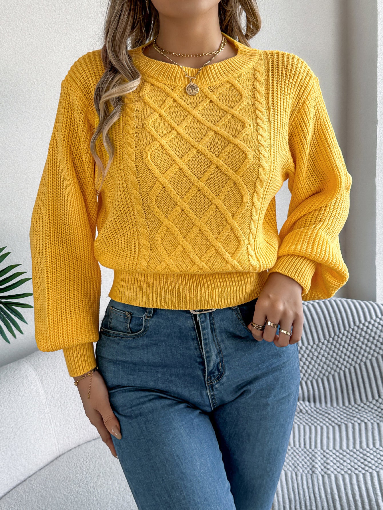 Autumn Winter Solid Color Twist Lantern Long Sleeve Waist Tight Pullover Women Clothing