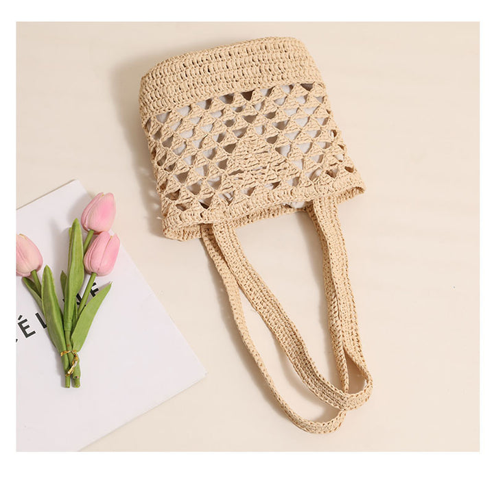 Raffia Shoulder Straw Bag Simple Solid Color Hollow Out Cutout Straw Bag Woven Bag Vacation Beach Bag Women Bag - GLAMWEARS