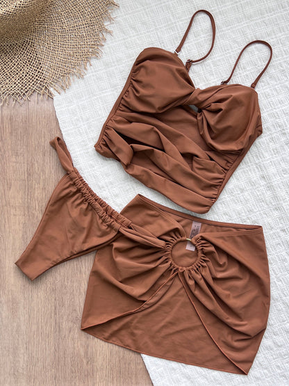 Solid Color Detachable Shoulder Strap Tube Top Tankini Solid Color Split Swimsuit Bikini Three Piece Sets