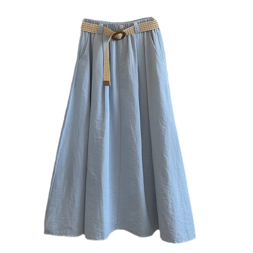 Cotton Linen Skirt Mid Length Women High Waist Summer Linen Art Big Hem A line Skirt with Woven Belt