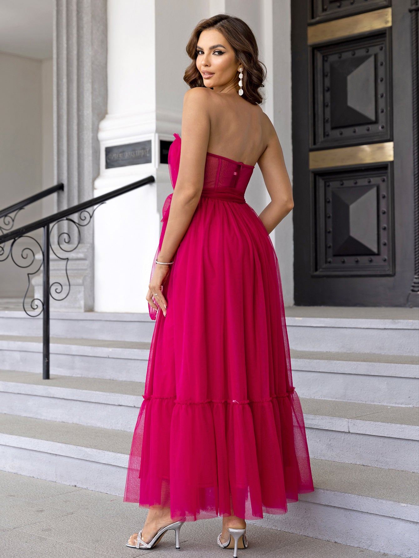 Summer Sexy Mesh Dress Lace up Dress Ruffled Tied Mesh Straight